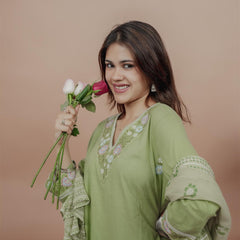 Miramaar Women's Green Cotton Embroidered V-Neck Solid Kurta Dupatta Set
