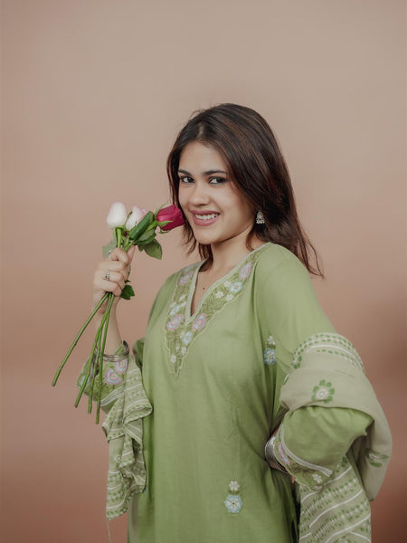 Miramaar Women's Green Cotton Embroidered V-Neck Solid Kurta Dupatta Set