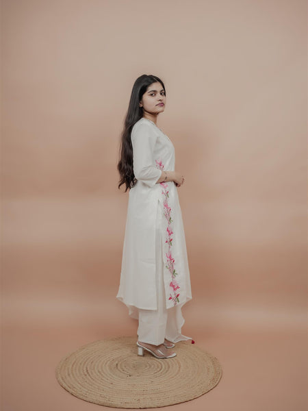 Miramaar Women's White Straight Embroidered Kurta Dupatta Set