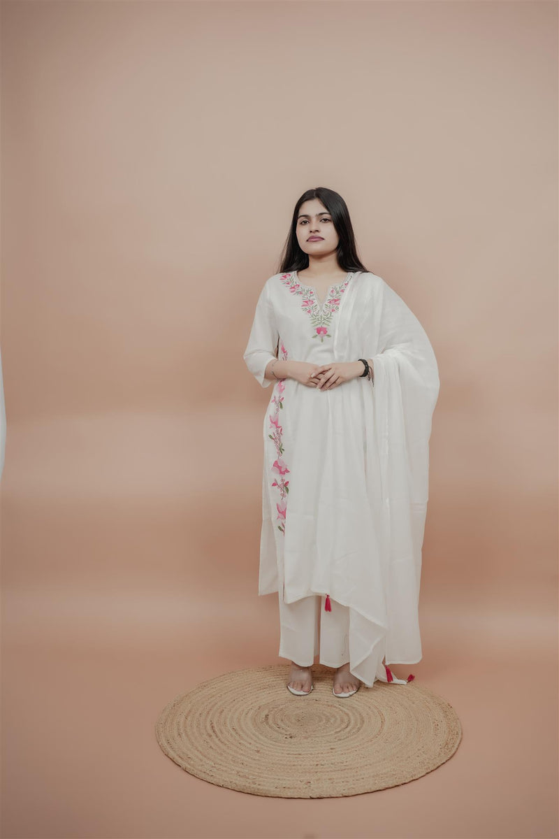 Miramaar Women's White Straight Embroidered Kurta Dupatta Set