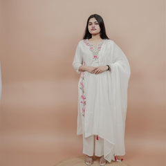 Miramaar Women's White Straight Embroidered Kurta Dupatta Set
