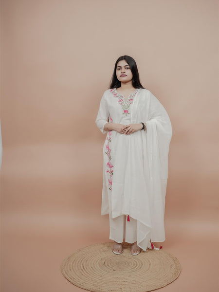 Miramaar Women's White Straight Embroidered Kurta Dupatta Set