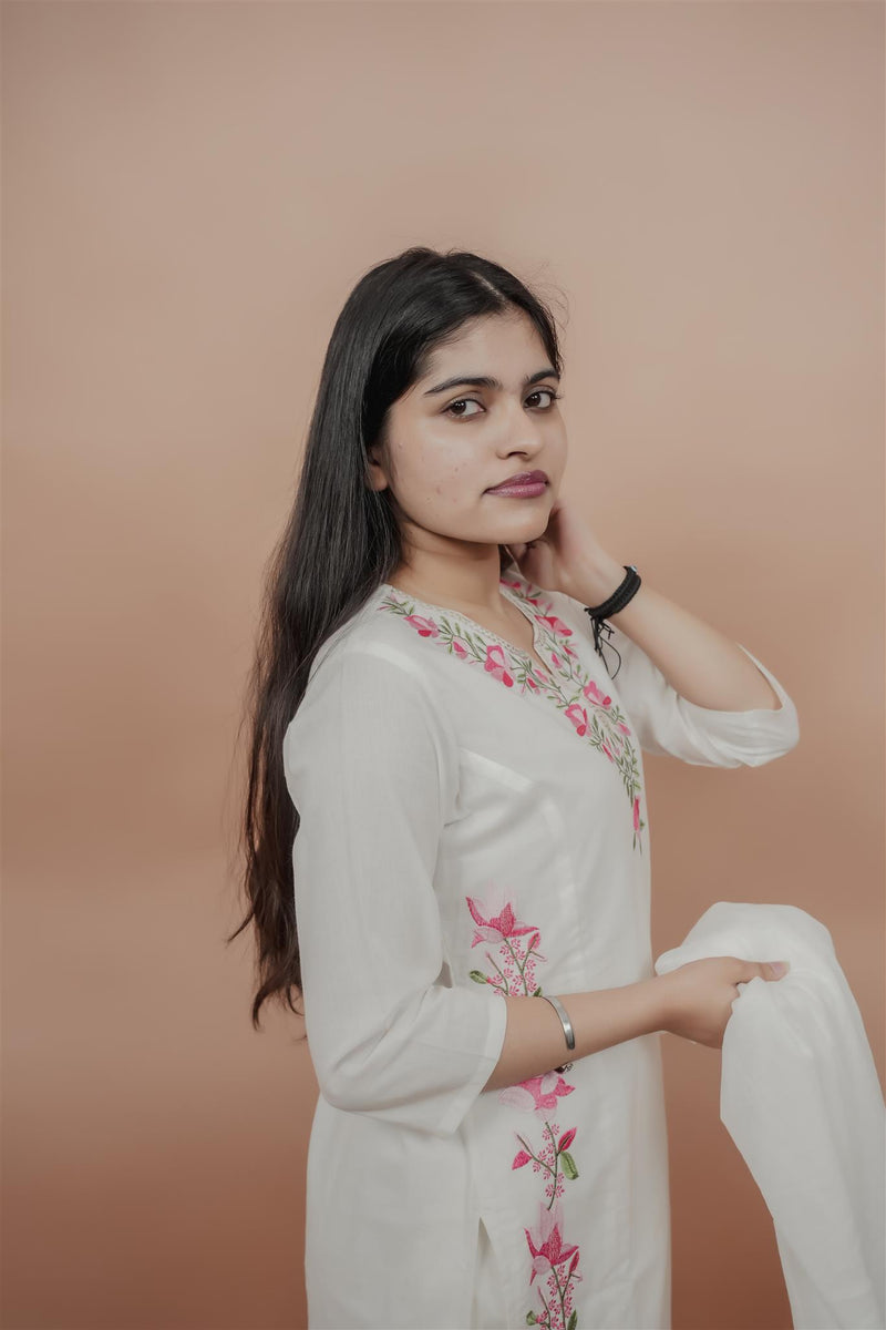 Miramaar Women's White Straight Embroidered Kurta Dupatta Set