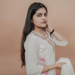 Miramaar Women's White Straight Embroidered Kurta Dupatta Set