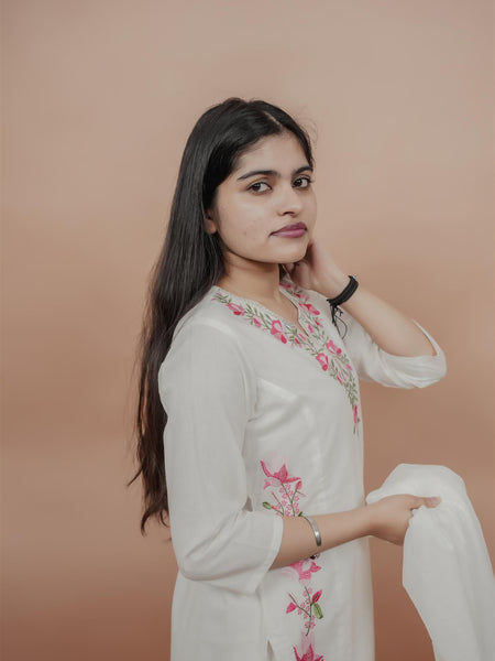 Miramaar Women's White Straight Embroidered Kurta Dupatta Set