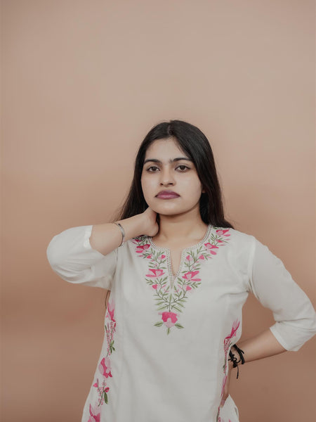 Miramaar Women's White Straight Embroidered Kurta Dupatta Set