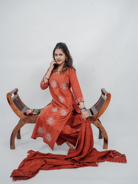 Miramaar Women's Rust Straight Embroidered Kurta Dupatta Set