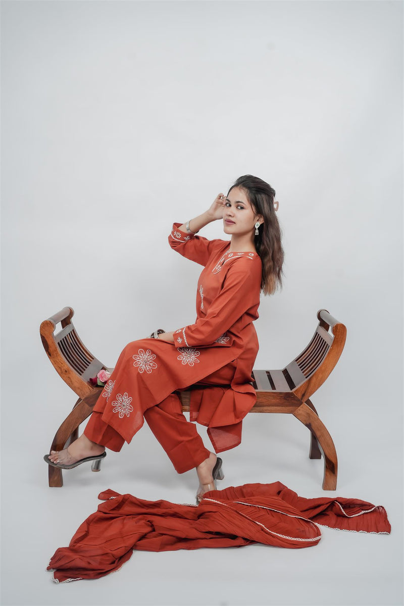 Miramaar Women's Rust Straight Embroidered Kurta Dupatta Set