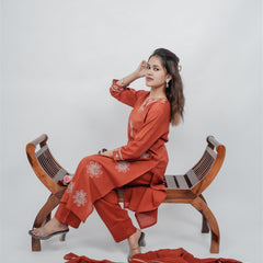 Miramaar Women's Rust Straight Embroidered Kurta Dupatta Set