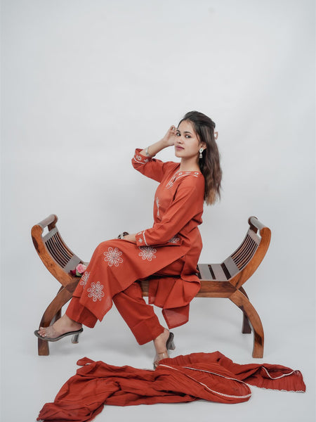 Miramaar Women's Rust Straight Embroidered Kurta Dupatta Set