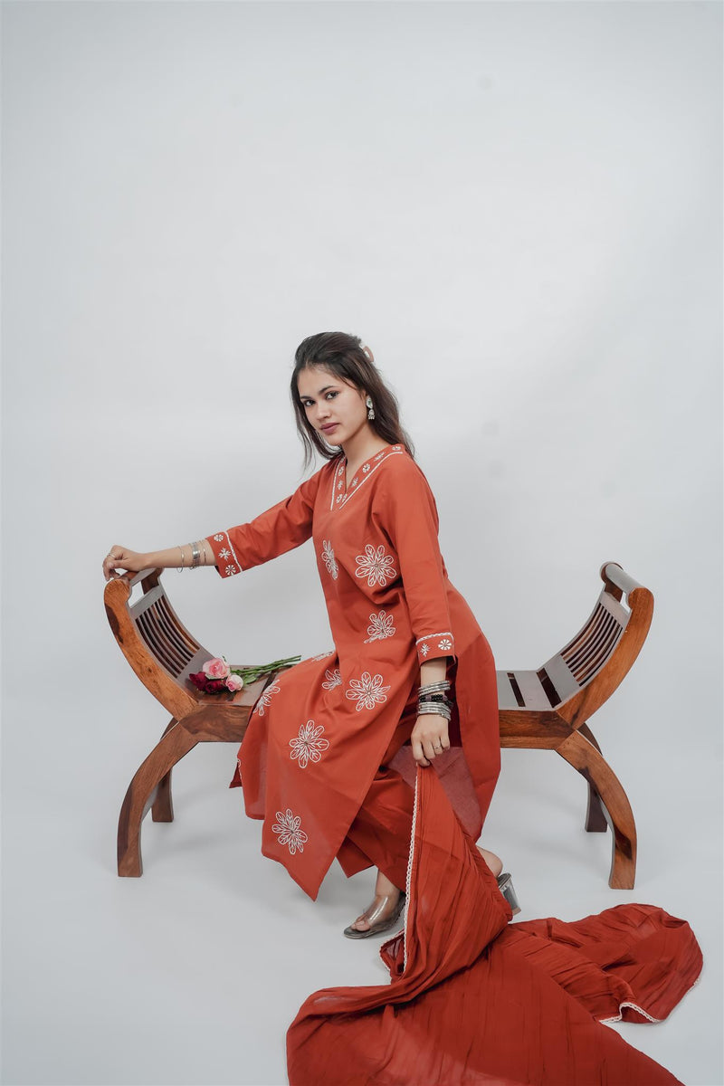 Miramaar Women's Rust Straight Embroidered Kurta Dupatta Set