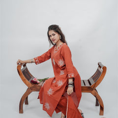 Miramaar Women's Rust Straight Embroidered Kurta Dupatta Set