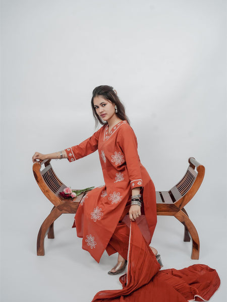 Miramaar Women's Rust Straight Embroidered Kurta Dupatta Set