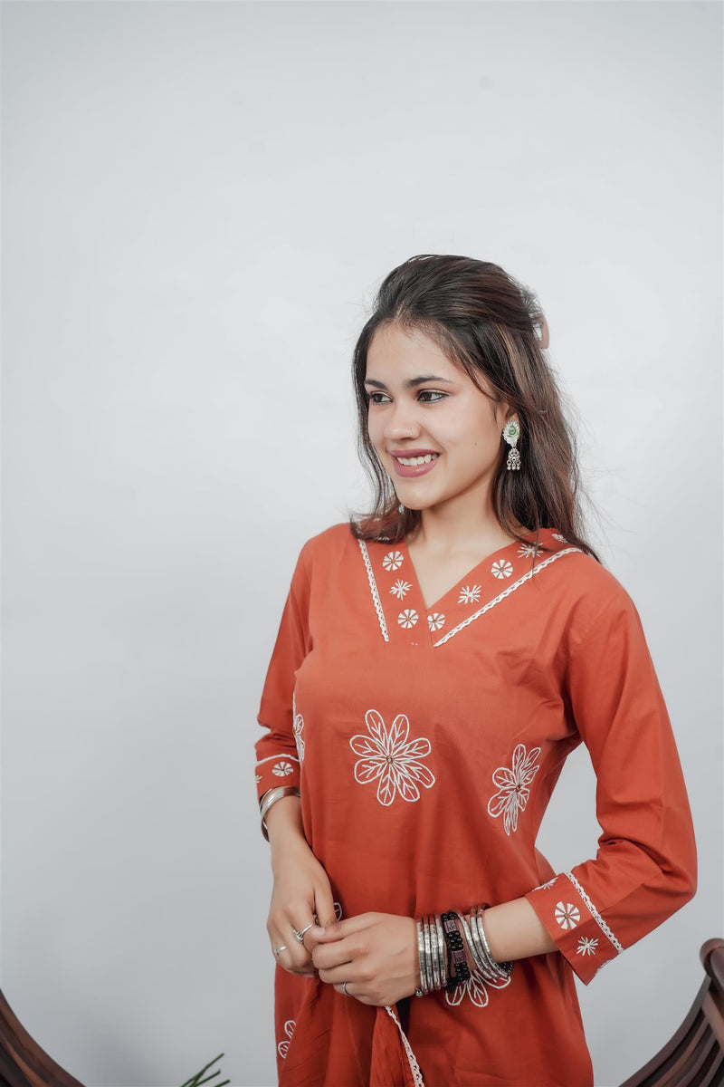 Miramaar Women's Rust Straight Embroidered Kurta Dupatta Set