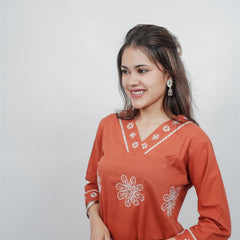 Miramaar Women's Rust Straight Embroidered Kurta Dupatta Set
