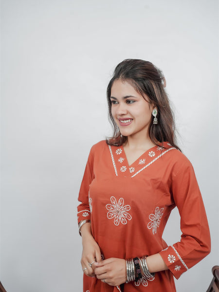 Miramaar Women's Rust Straight Embroidered Kurta Dupatta Set