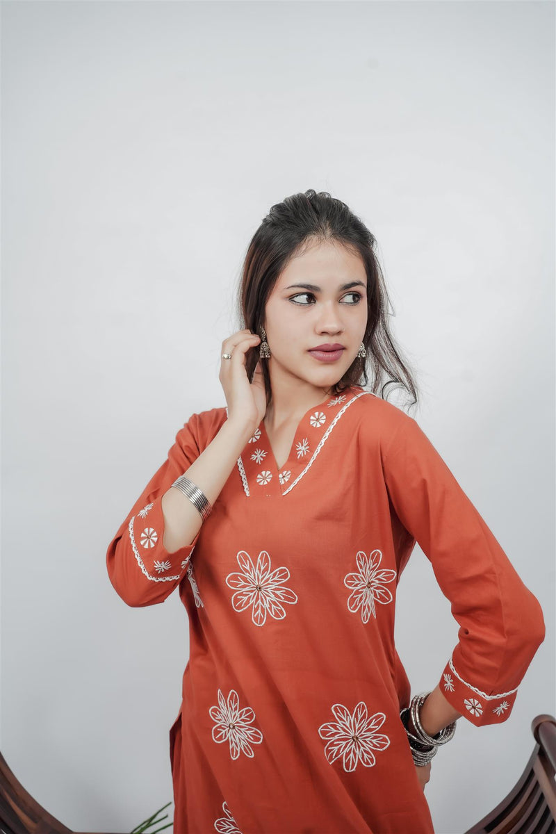 Miramaar Women's Rust Straight Embroidered Kurta Dupatta Set