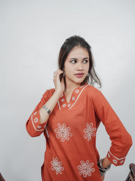 Miramaar Women's Rust Straight Embroidered Kurta Dupatta Set