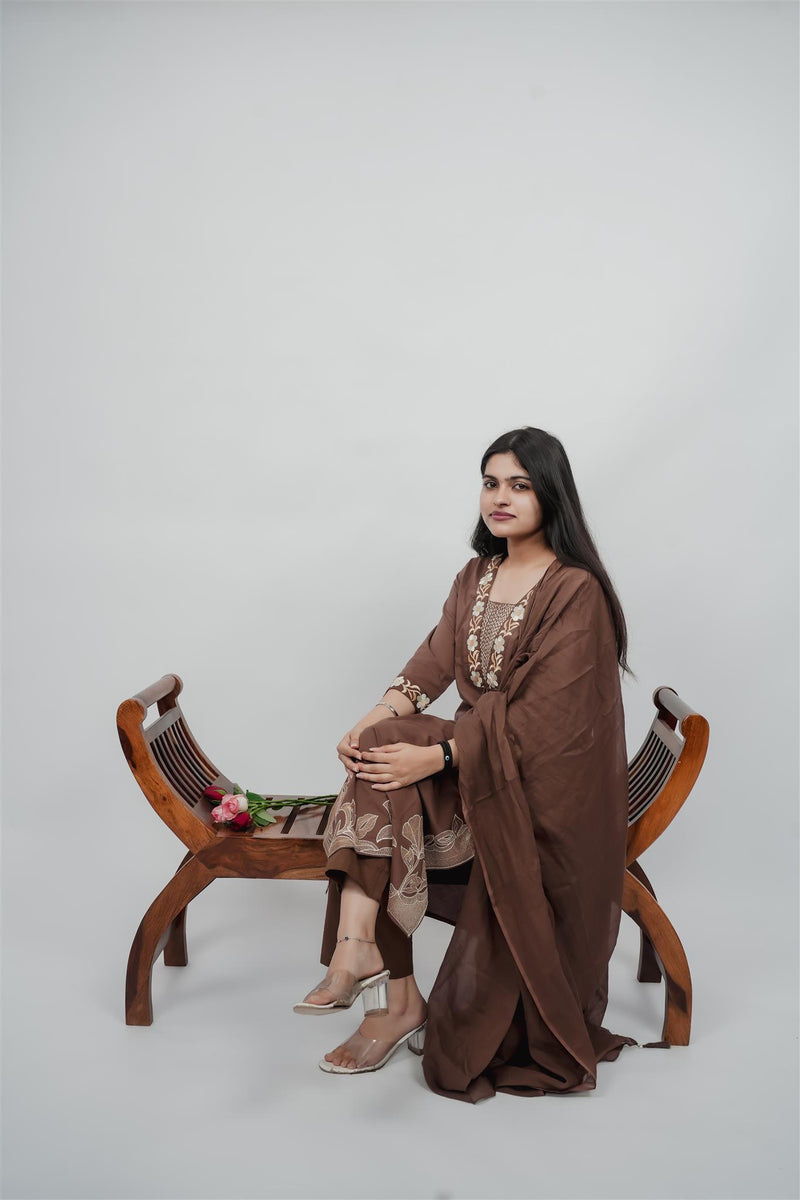Miramaar Women's Brown Cotton Embroidered V-Neck Solid Kurta Dupatta Set