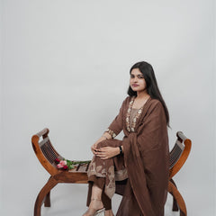 Miramaar Women's Brown Cotton Embroidered V-Neck Solid Kurta Dupatta Set