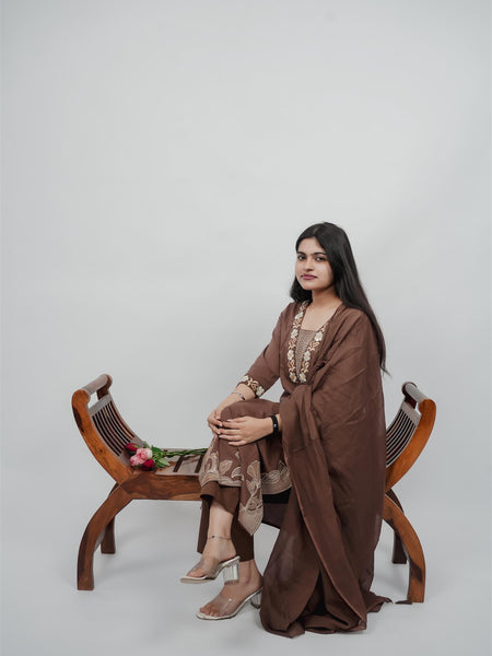 Miramaar Women's Brown Cotton Embroidered V-Neck Solid Kurta Dupatta Set