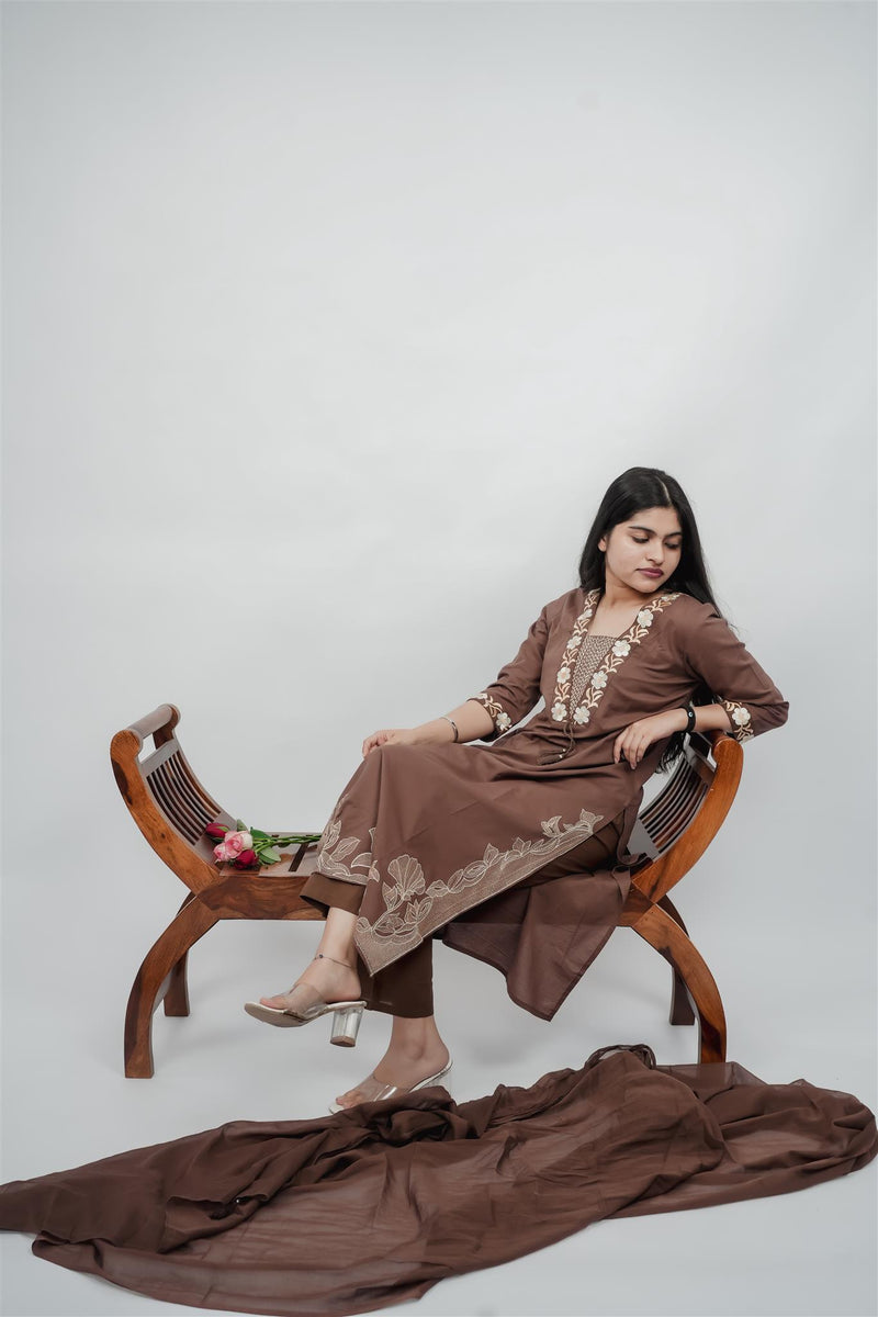 Miramaar Women's Brown Cotton Embroidered V-Neck Solid Kurta Dupatta Set