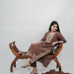 Miramaar Women's Brown Cotton Embroidered V-Neck Solid Kurta Dupatta Set