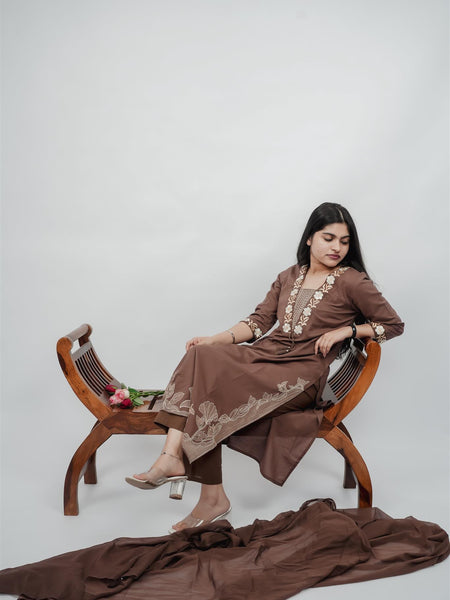 Miramaar Women's Brown Cotton Embroidered V-Neck Solid Kurta Dupatta Set