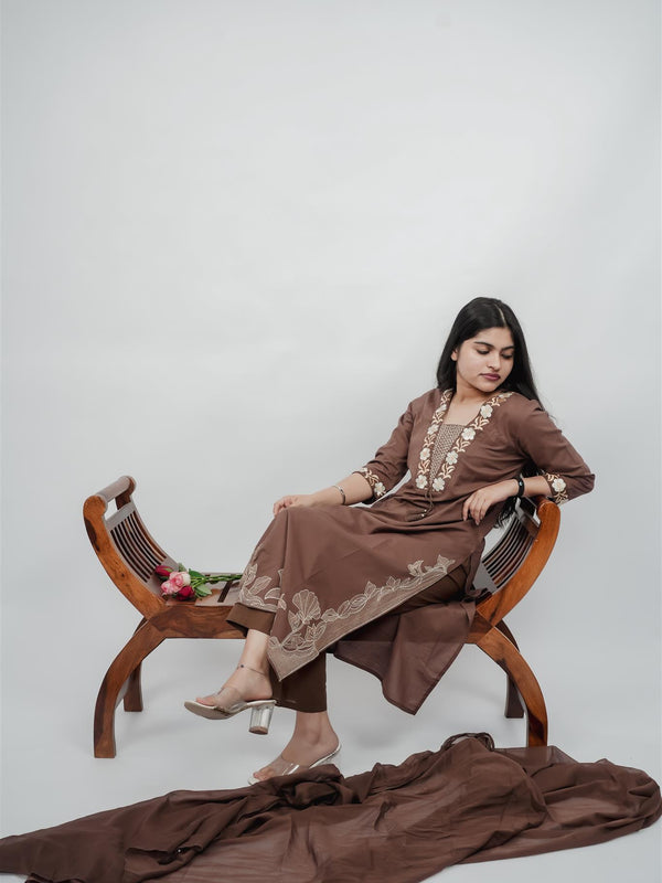 Miramaar Women's Brown Cotton Embroidered V-Neck Solid Kurta Dupatta Set