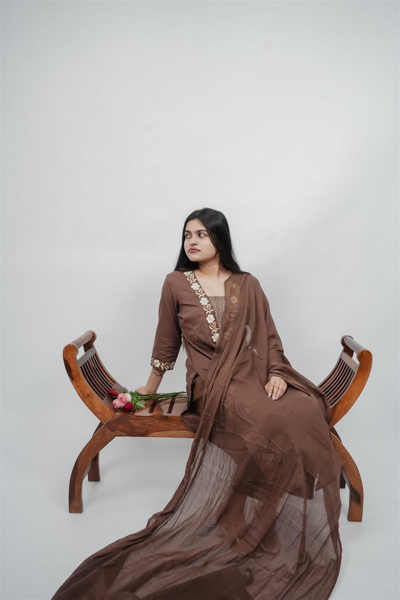 Miramaar Women's Brown Cotton Embroidered V-Neck Solid Kurta Dupatta Set
