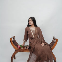 Miramaar Women's Brown Cotton Embroidered V-Neck Solid Kurta Dupatta Set
