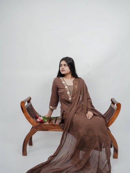 Miramaar Women's Brown Cotton Embroidered V-Neck Solid Kurta Dupatta Set