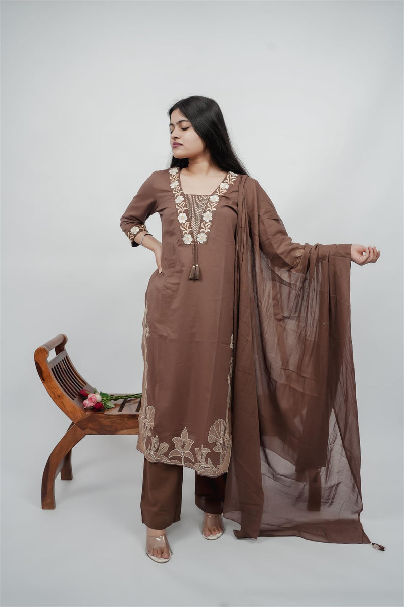 Miramaar Women's Brown Cotton Embroidered V-Neck Solid Kurta Dupatta Set