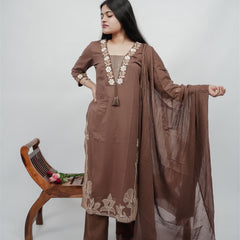 Miramaar Women's Brown Cotton Embroidered V-Neck Solid Kurta Dupatta Set