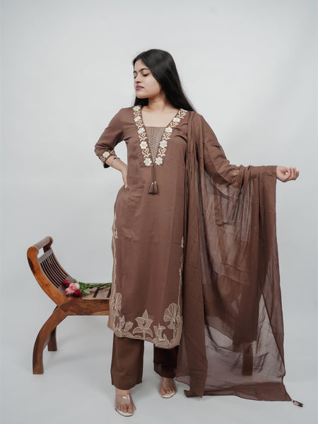 Miramaar Women's Brown Cotton Embroidered V-Neck Solid Kurta Dupatta Set