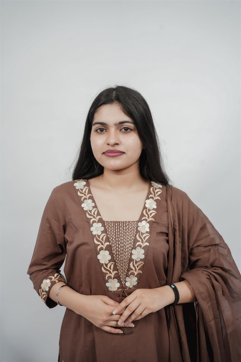 Miramaar Women's Brown Cotton Embroidered V-Neck Solid Kurta Dupatta Set
