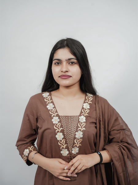 Miramaar Women's Brown Cotton Embroidered V-Neck Solid Kurta Dupatta Set