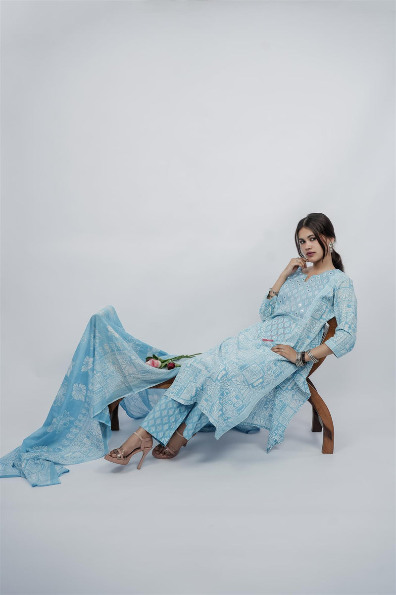 Miramaar Women's Sky Blue Cotton Adda Work Round Neck Printed Kurta Dupatta Set