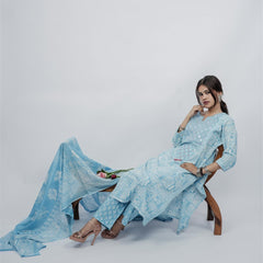 Miramaar Women's Sky Blue Cotton Adda Work Round Neck Printed Kurta Dupatta Set