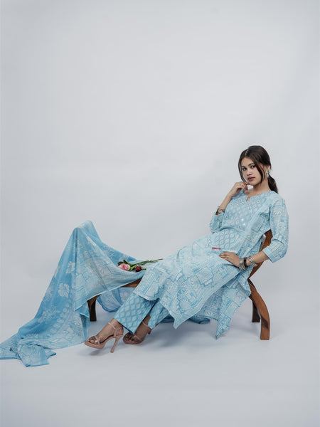 Miramaar Women's Sky Blue Cotton Adda Work Round Neck Printed Kurta Dupatta Set