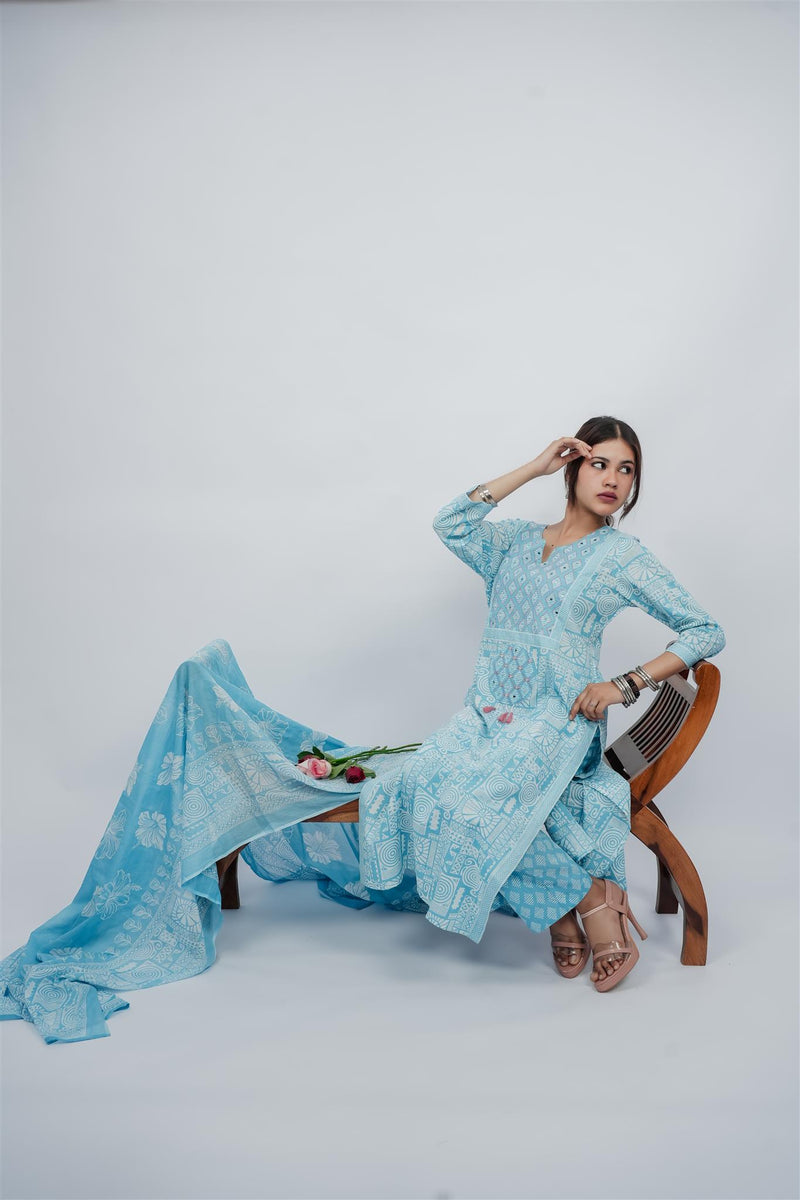 Miramaar Women's Sky Blue Cotton Adda Work Round Neck Printed Kurta Dupatta Set