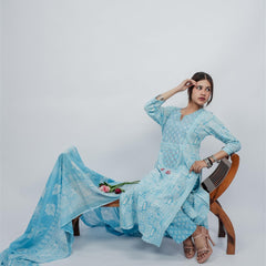 Miramaar Women's Sky Blue Cotton Adda Work Round Neck Printed Kurta Dupatta Set