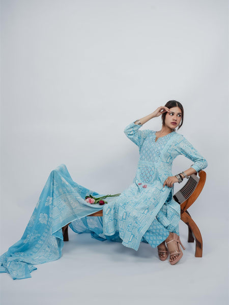 Miramaar Women's Sky Blue Cotton Adda Work Round Neck Printed Kurta Dupatta Set