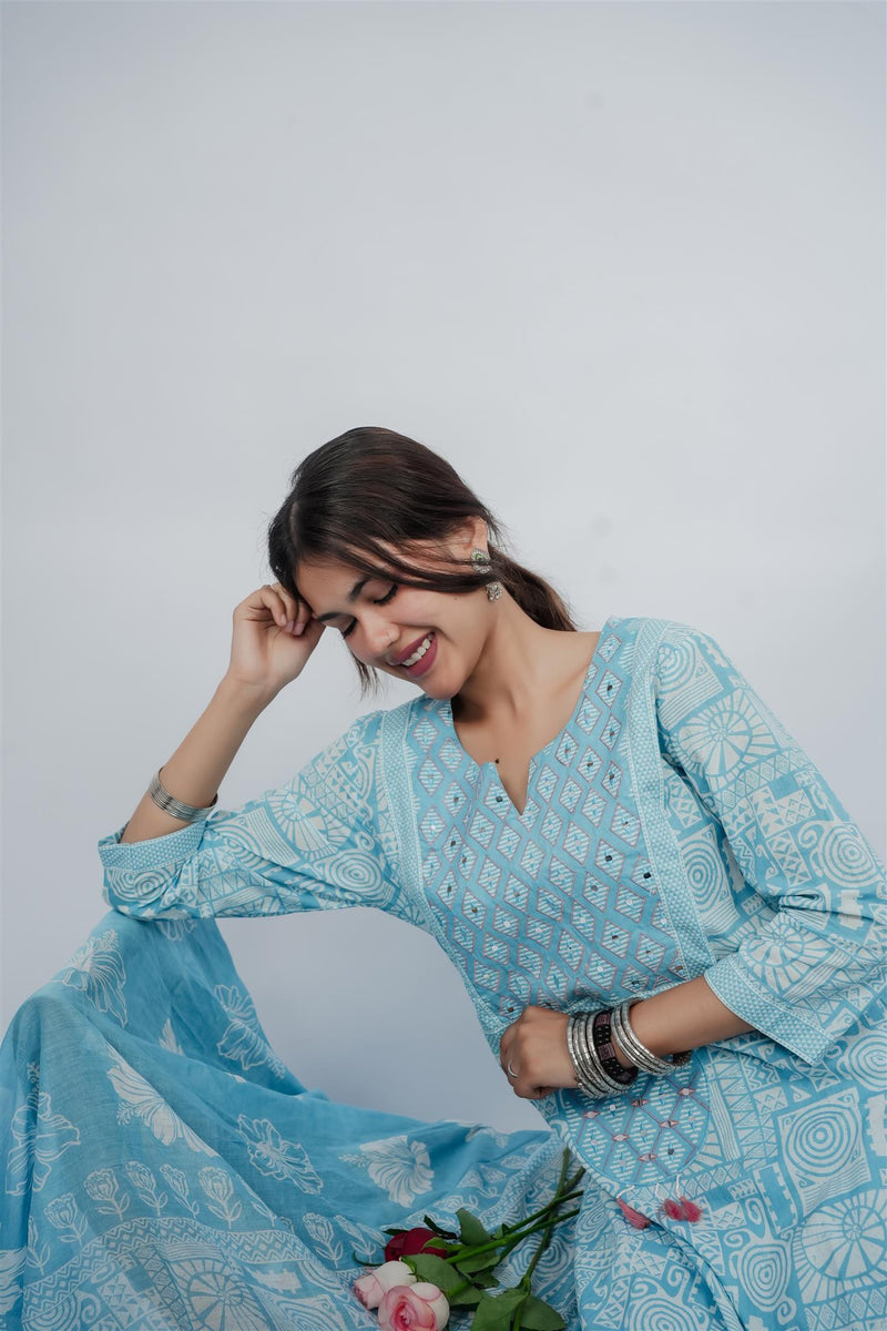 Miramaar Women's Sky Blue Cotton Adda Work Round Neck Printed Kurta Dupatta Set