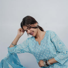 Miramaar Women's Sky Blue Cotton Adda Work Round Neck Printed Kurta Dupatta Set