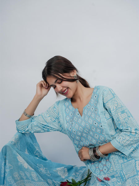 Miramaar Women's Sky Blue Cotton Adda Work Round Neck Printed Kurta Dupatta Set