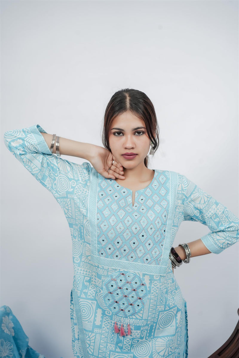 Miramaar Women's Sky Blue Cotton Adda Work Round Neck Printed Kurta Dupatta Set