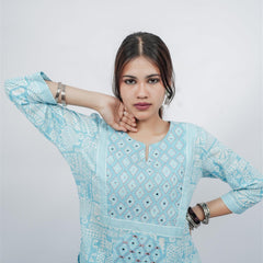 Miramaar Women's Sky Blue Cotton Adda Work Round Neck Printed Kurta Dupatta Set
