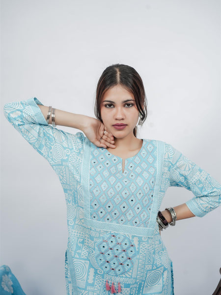 Miramaar Women's Sky Blue Cotton Adda Work Round Neck Printed Kurta Dupatta Set