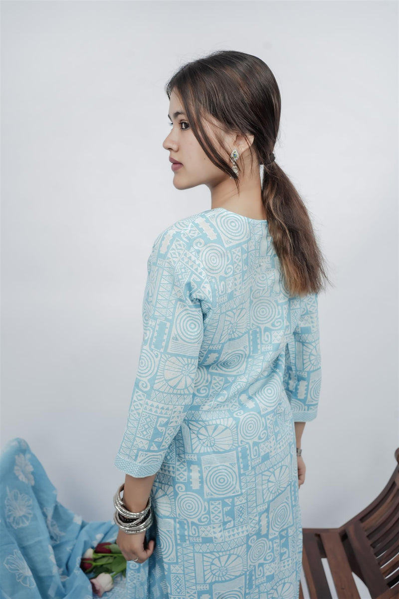 Miramaar Women's Sky Blue Cotton Adda Work Round Neck Printed Kurta Dupatta Set
